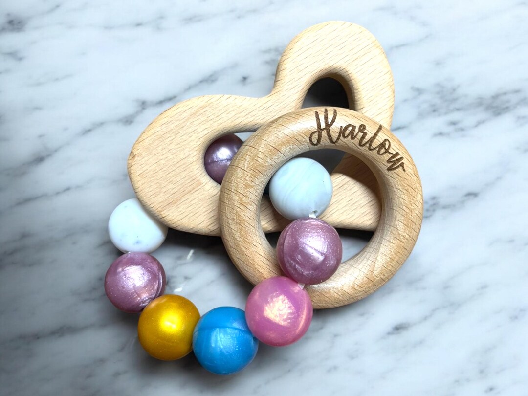 Personalized Pink Swirl Marble Pacifier Clip and Rattle, Baby Shower ...