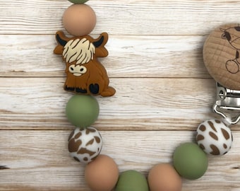 Personalized Brown Highland Cow Pacifier Clip and Rattle, Baby Shower Gift