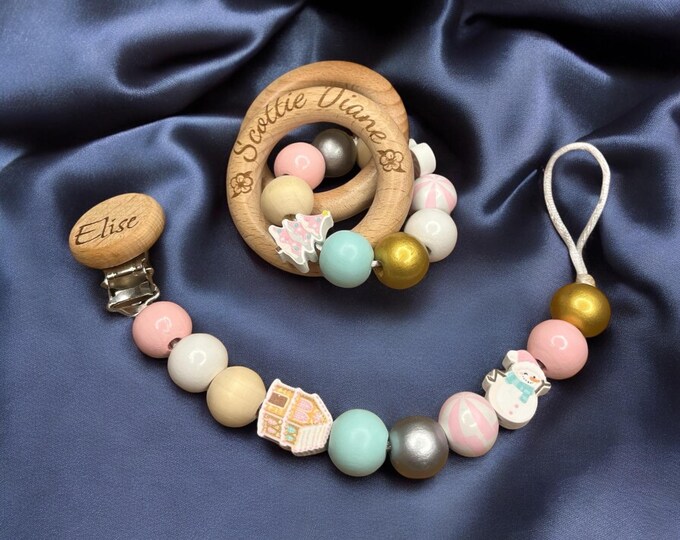 Pacifier clip and rattle personalized, candy land, pink, gold