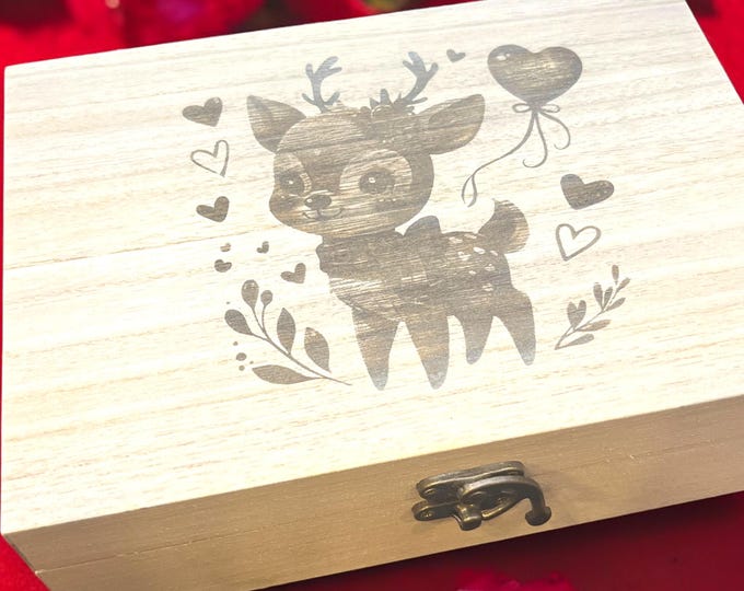 Valentines Gift Box Personalized, Deer with heart wood engraved, Teddy Bear, Bunny, with personal message, Jewelry box, Photo Box