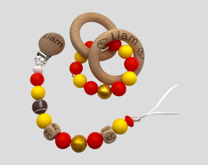Personalized Rattle and pacifier clip, baby shower gift, baby gift, girl, boy, Dallas, Cowboys, Chiefs, Football, Kansas City, teams