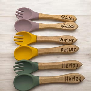 Personalized Baby Spoon and Fork Set: Engraved Bamboo & Silicone
