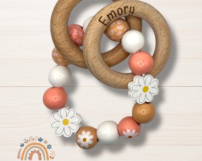 Personalized Baby Rattle, Beechwood Daisy Flower, Baby Shower Gift