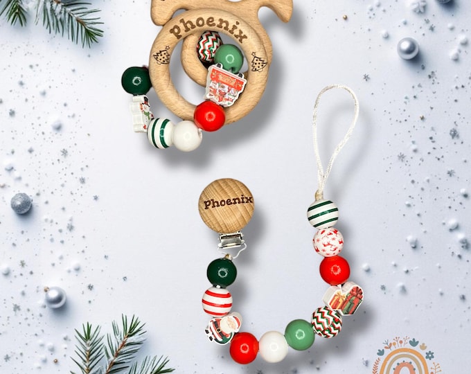 Pacifier clip and rattle personalized, Christmas, Santa Clause, Holiday, stocking stuffer