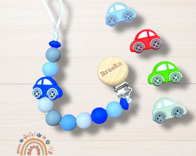 Personalized pacifier clip and rattle with matching stroller tag in Car design