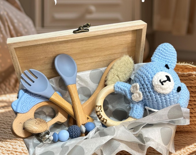 Personalized Baby Gift Set, Pacifier Clip, Rattle, Brush, Spoon