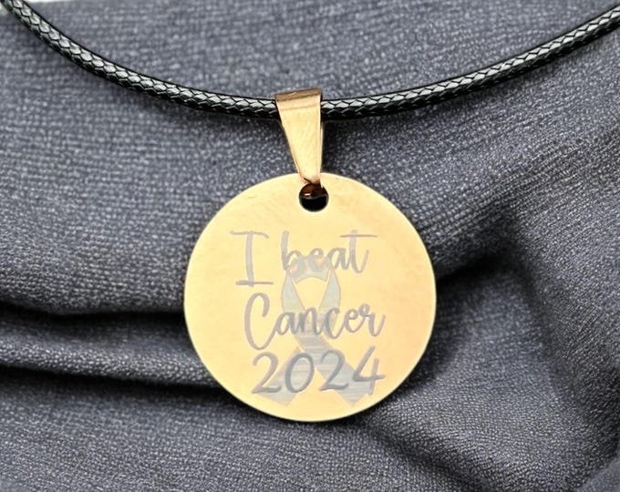 I beat cancer pendant with necklace, 2024, gold, rose gold and silver colored stainless steel, personalized, breast cancer awareness