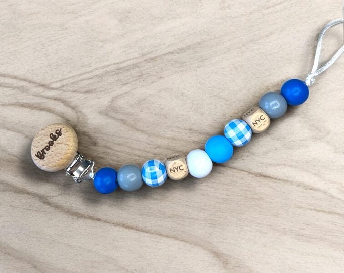 Personalized Pacifier clip with City Beads in blue wood