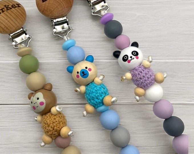 Personalized Pacifier Clip with crochet beads animal