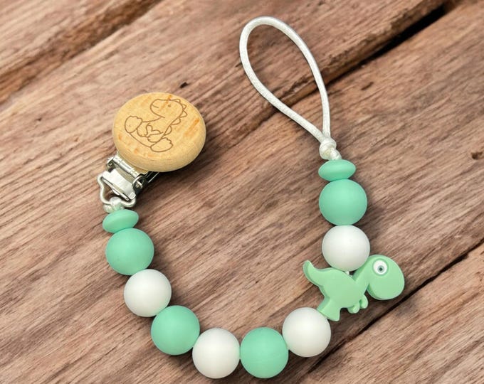 Personalized Dinosaur Pacifier Clip, Beechwood Baby Shower Gift