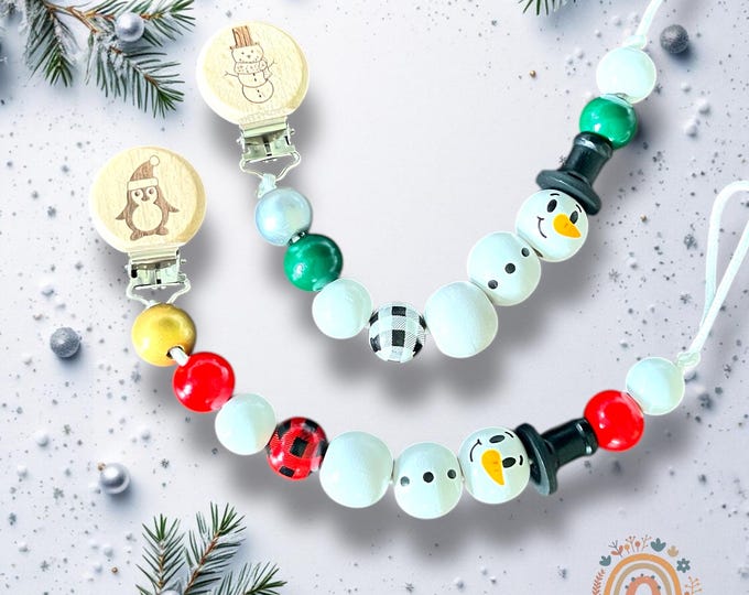 Personalized Christmas Pacifier Clip and Rattle, Snowman wood beads