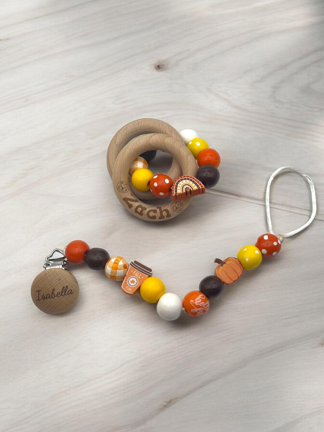 Personalized Beechwood Baby Rattle and Pacifier Clip in Fall/autumn ...