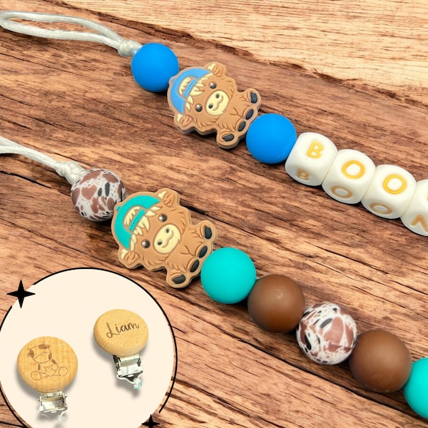 Personalized Silicone Pacifier Clip with highland cow design for boys