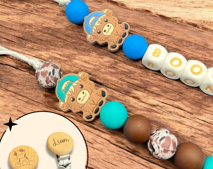 Personalized Silicone Pacifier Clip baby with highland cow design with baby boy hat cow
