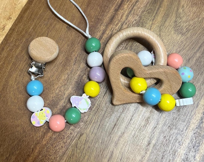 Personalized Easter spring Pacifier clip and rattle, baby shower gift, newborn gift, baby girl and boy, rainbow, colorful, Easter egg hunt