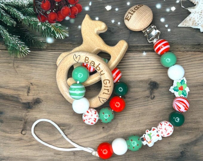 Pacifier clip and rattle personalized, Christmas, Santa Clause, Holiday, stocking stuffer