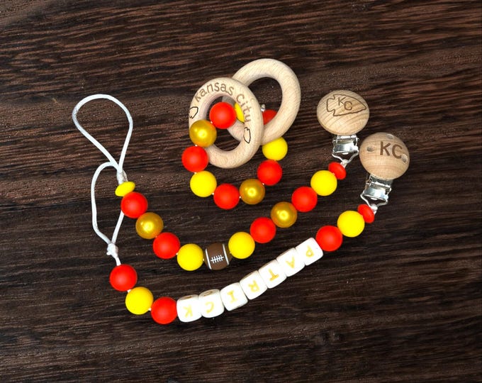 Personalized Rattle and Pacifier clip, baby shower gift, baby gift, girl, boy, Kansas City, red gold, Chiefs, Football, mom to be, Dallas