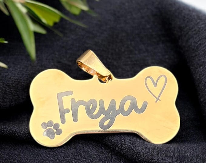 Personalized Boneshaped Dog Tag in rose gold, Name, dog ID, micro chipped, phone number