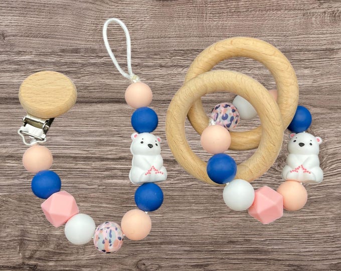 Personalized Ice Bear Silicone Pacifier Clip and Rattle set, pink, blue, green, newborn present, baby boy and girl shower gift