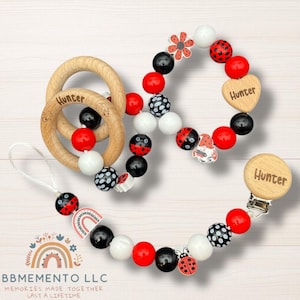 Ladybug personalized Baby Rattle and Pacifier Clip, Gnome and Flower Design
