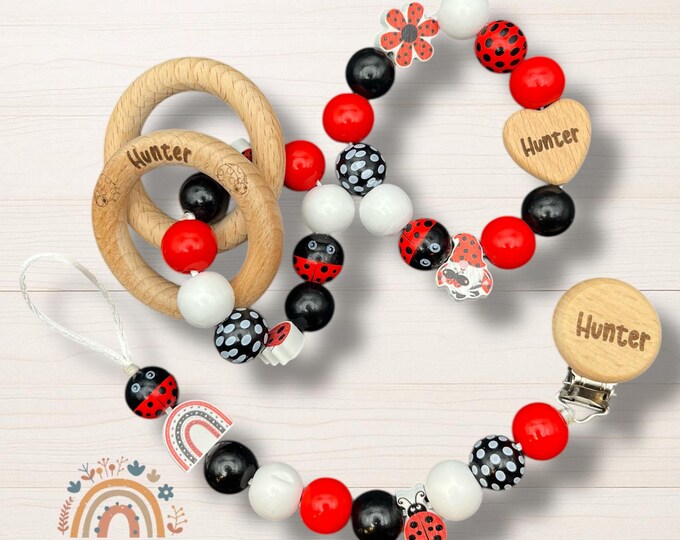 Personalized Rattle and Pacifier clip Ladybug Gnome