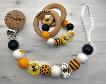 Personalized Rattle and Pacifier clip, baby shower gift, baby gift, baby girl, baby boy, bees, bee