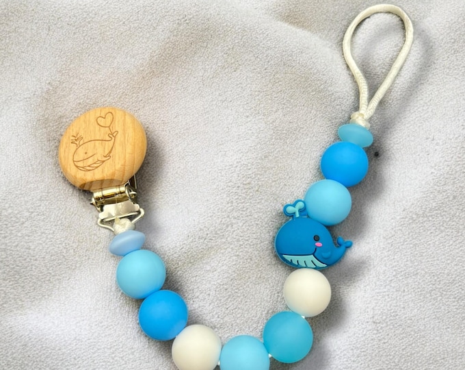 Personalized Rattle and Pacifier clip with baby whale design