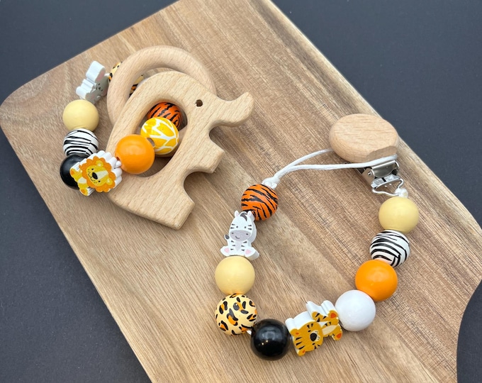 Personalized Safari Pacifier Clip and Rattle, baby shower gift, baby boy, girl, elephant, lion, tiger, giraffe, monkey, African design