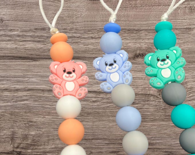 Personalized Teddy Bear Silicone Pacifier Clip, pink, blue, green, newborn present, baby boy and girl shower gift