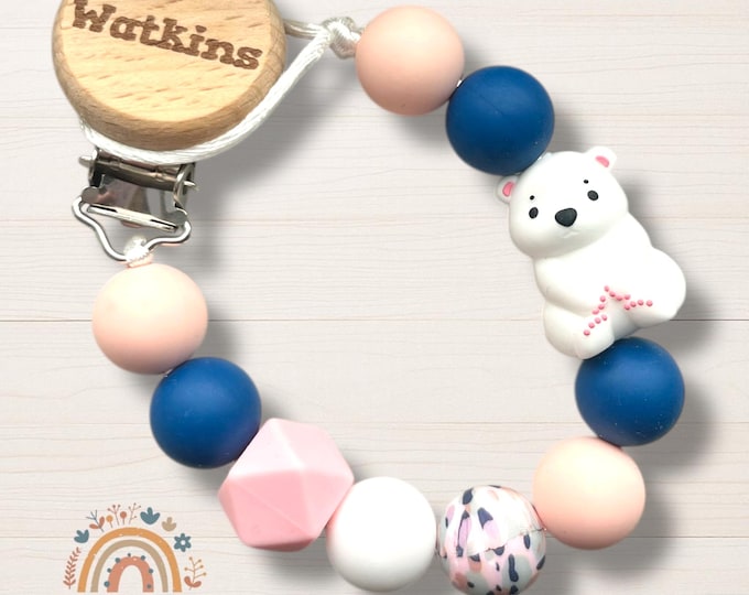 Personalized Ice Bear Silicone Pacifier Clip & Rattle Set
