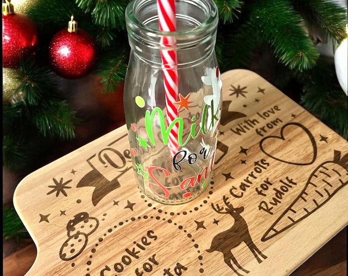 Milk and Cookies for Santa Oak Board with Glass Jar