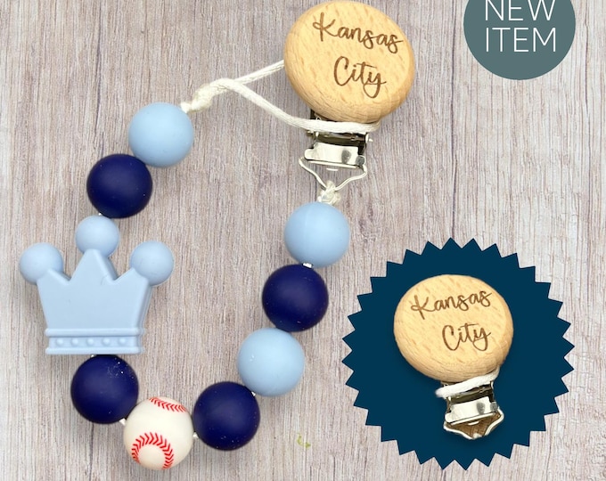 Personalized Baseball themed Rattle and Pacifier clip, Kansas City, Royal Blue