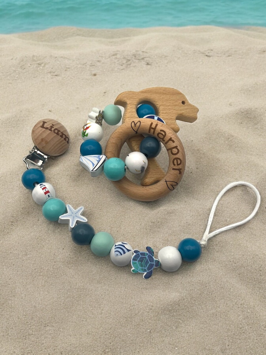 Personalized Beechwood Baby Rattle and Pacifier Clip: Ocean Theme With ...