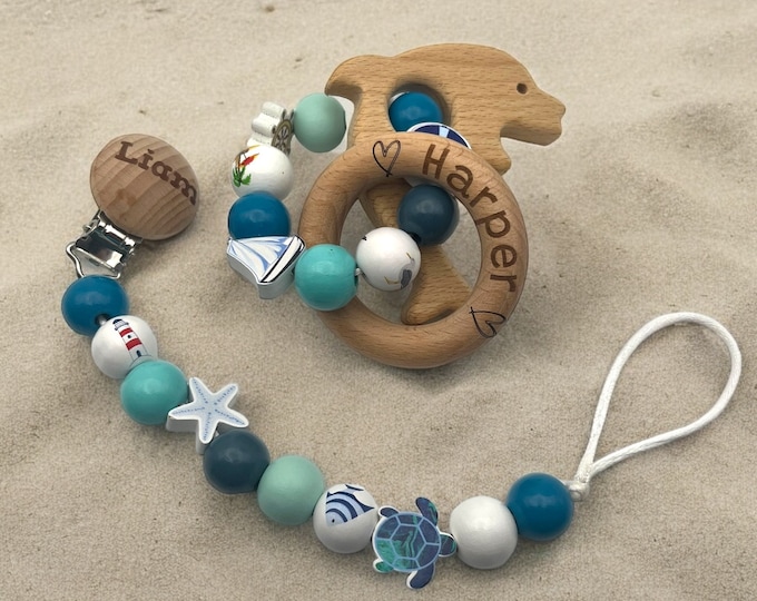 Personalized Rattle and Pacifier clip Ocean Themed