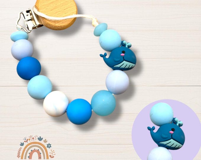 Personalized Rattle and Pacifier clip with baby whale design