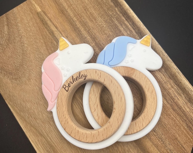 Baby Unicorn Teether personalized with wood and silicone, name engraved, butterfly, baby shower, newborn gift, boy, girl, mom to be