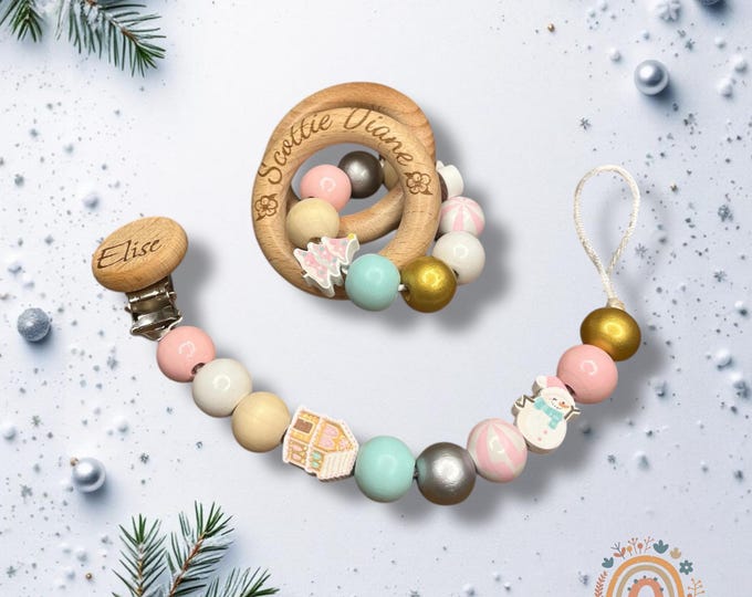 Personalized Pink Christmas Baby Rattle and Pacifier Clip, Christmas Gift
