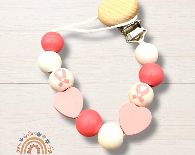 Personalized pink bow pacifier clip and rattle, support breast cancer survivor