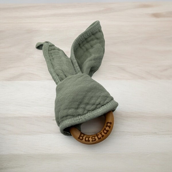 Personalized Baby teething bunny, beechwood ring with muslin towel
