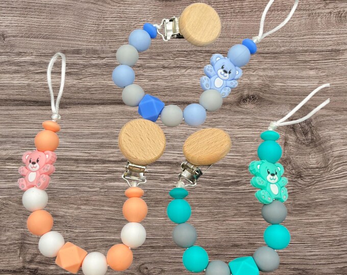 Teddy Bear Silicone Pacifier Clip, personalized colorful