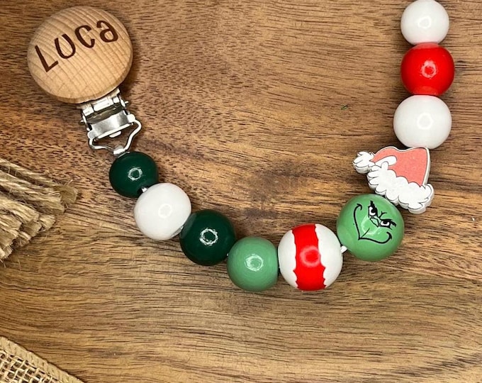 Personalized Christmas Green Wooden Pacifier Clip and Rattle, Holiday Baby Gift