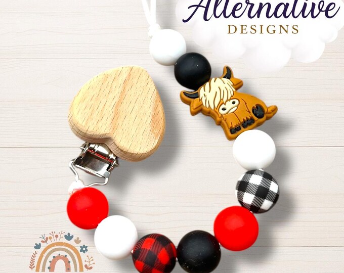 Personalized Highland Cow Pacifier Clip, Beechwood Baby Shower Gift