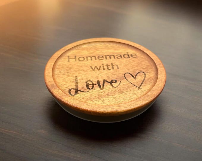 Personalized Acacia Wood Mason Jar Lid, engraved with Made with Love and name, personalized on request, gift for homemaker, hostesses gift