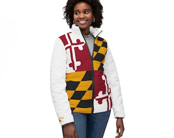 Maryland Local State Flag Women's Puffer Jacket, Stylish Outerwear, Cozy Winter Fashion, Sports Fan Gear, Unique Gift Idea
