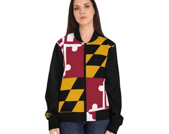 Maryland Local State Flag Women's Bomber Jacket, Trendy Outerwear, Casual Jacket, Sporty Fashion, Pride, Gifts for Her