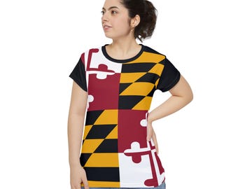 Maryland Local State Flag Women's Short Sleeve Shirt, Trendy Top, AOP Tee, Gift for Her, Casual Wear, Summer Style