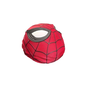 May include: A red and black Spider-Man mask with a web pattern. The mask has large, white eye lenses outlined in black. The mask is made of a textured material.