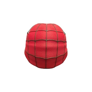 May include: A red fabric mask with a black web pattern, resembling a superhero costume. The mask is a solid red color with a textured surface and a web design in black lines. The mask is likely for cosplay or costume use.