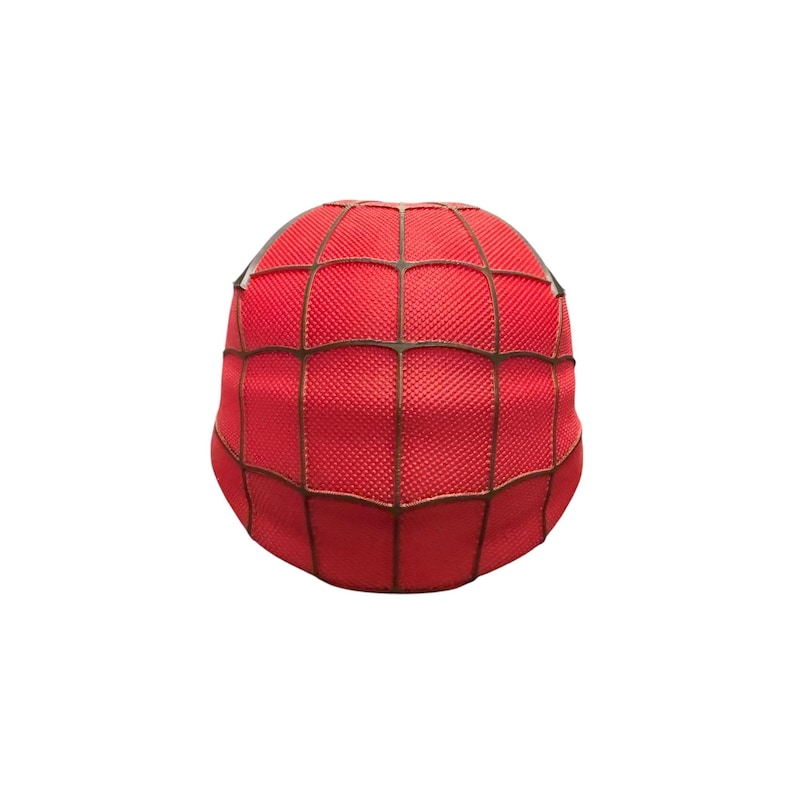 May include: A red fabric mask with a black web pattern, resembling a superhero costume. The mask is a solid red color with a textured surface and a web design in black lines. The mask is likely for cosplay or costume use.