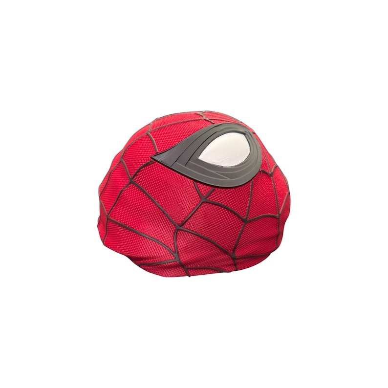 May include: A red Spider-Man mask with a black web pattern and a large white eye with a black border. The mask is made of a textured fabric and is designed to cover the head.
